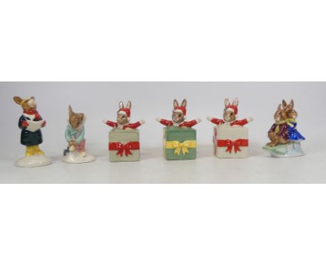 Royal Doulton Bunnykins Carol Singer Bunnykins, Billie and Bunty Bunnykins Sledge Ride and Girl Skater, Christmas Surprise in