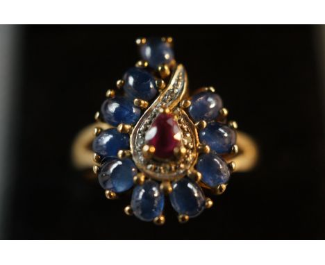 9ct Gold Dress Ring set with Sapphire, Ruby &amp; Diamond - Size S