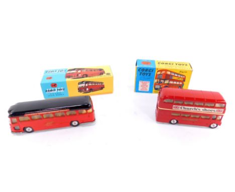 A Corgi Die Cast Midland Red Motorway Express Coach 1120, replica box, together with a London Transport Routemaster Bus, with