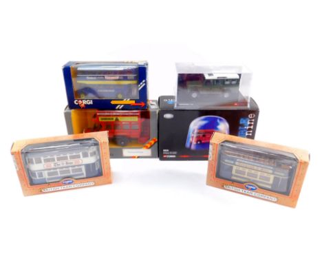 Corgi die cast vehicles, comprising a Landrover Defender 110., Thorneycroft Bus., East Yorkshire Double Decker Bus., Dennis F