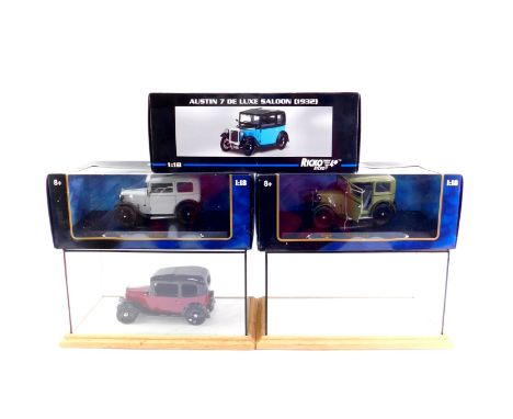 Die cast vintage cars, scale 1:18, comprising BMW Dixi, Austin 7 Deluxe Saloon 1932, two cases and a ceramic vintage car.