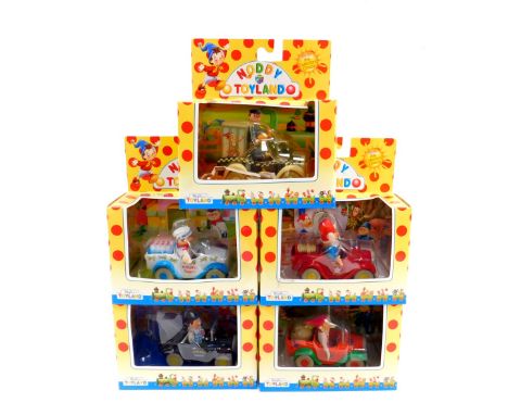 Leydo die cast Noddy Toy Land Vehicles, comprising Mr Plod's Police Car, Mr Milko's Milk Van, Toy Land Fire Engine, Mr Spark'