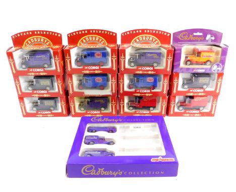 Corgi die cast Cadbury's Travellers Chocolate vintage selection trucks, boxed, together with a Majorette Cadbury's Collection