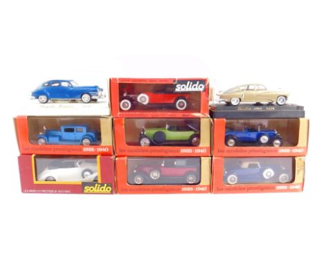 Solido die cast vintage motor cars, boxed, including a Fiat 1929 Hispano Suiza., Voisin 17CV., and a Duesenberg J. (9) 