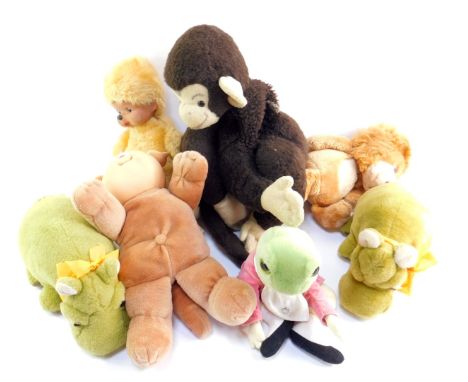 A Pedigree Lester Lion, Merrythought green hippopotamuses, Eden Jeremy Fisher, Merrythought Monkey, and two Cabbage Patch dol