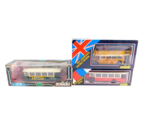 Three Solido die cast buses, comprising London Double Decker, advertising Crosse &amp; Blackwell Soups., Renault Bus TN6C, gr