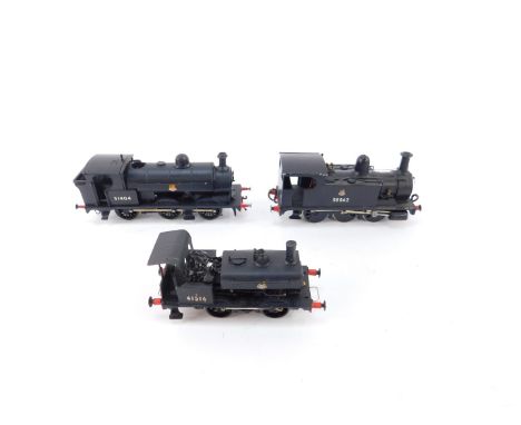 Three kit built 00 gauge shunting engines, BR black livery, comprising a 2F-M Class engine, 0-6-0T, 58862., 0F-A engine, 0-4-