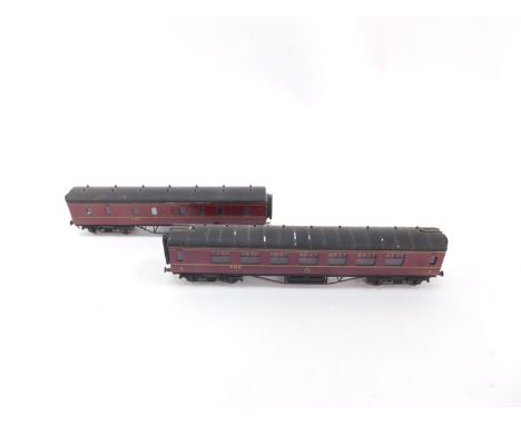 Two Anbrico 00 gauge LMS coaches, red livery, comprising Mail coach and First/Third coach.