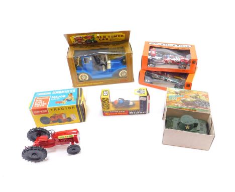 A Lonestar die cast model of a Farm King Tractor, Woolbro fiction Sherman tank, Britains Speed Twin Rider, Play Art battery o