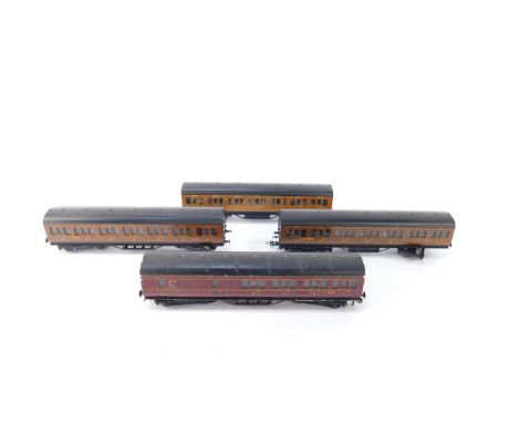 Four Exley 00 gauge coaches, comprising LNER First/Third and two LNER All Third, together with an LMS Third/Brake coach.