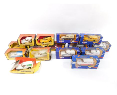 Corgi die cast vehicles, including a British Telecom 499 Escort Van, 496 Ford Escort, 3290 Opal Senator, and a 497 Radio Rent