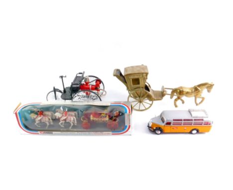 A NZG die cast model of a Mercedes Benz Omnibus 3500, a steam driven model of a tricycle, brass model of a horse and chaise, 
