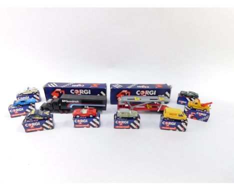 Corgi die cast models, boxed, including a Scammell Container Truck and a Volvo Car Transporter, Jaguar Track Car, Renault Tra