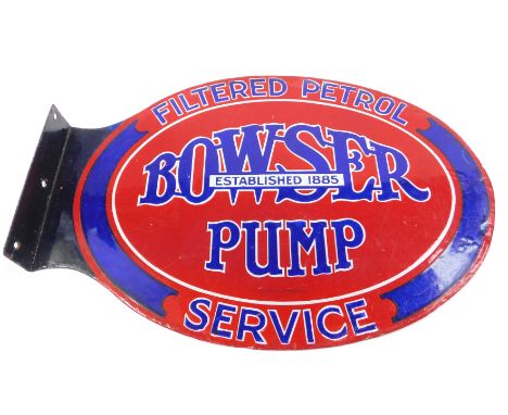 A vintage enamel sign advertising Bowser Pump Filtered Petrol Service, 39cm x 56cm oval.