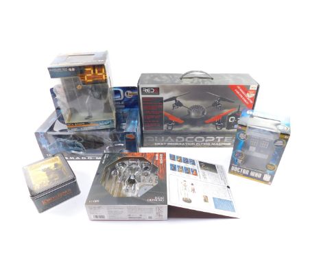 A Redfive Quad Copter Next Generation Flying Machine, Dr Who Tardis, Spin City prop replica badge, Lord of The Rings Action F