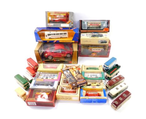 Corgi Burago and other die cast vehicles, including a Burago Volkswagen New Beetle 1998, scale 1:18, and a Corgi Plaxton Para