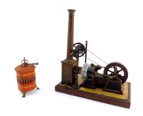 A Bing tin plate Stirling engine, 30.5cm H, 28cm L, and a further small cylinder engine, 14cm H. (2) 