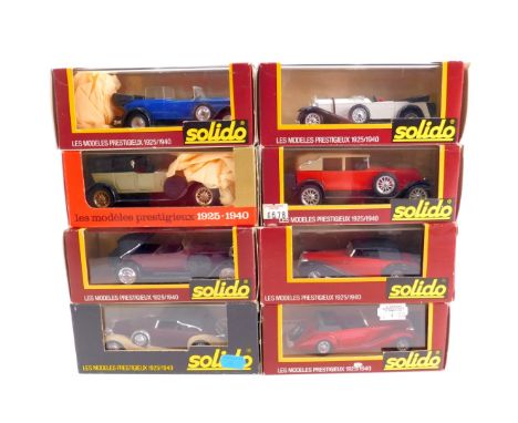 Eight Solido Age d'Or die cast vintage motor cars, comprising a Mercedes SS Torpedo, Renault 40 CV, Panhard 1925, Hispano Sui