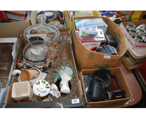 Box of various glass and china, infrared lamp, electric spray gun, speakers, video camera etc.