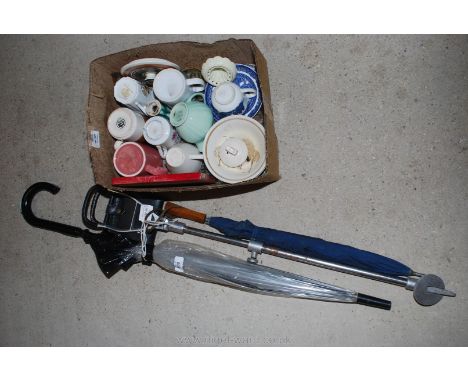 Shooting stick, umbrellas and box of mugs etc.