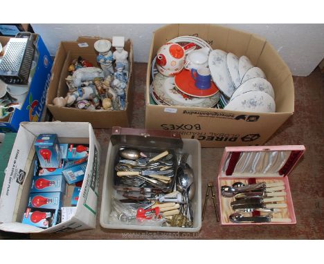 Box of figures, box of various fireglow electric lamps, cutlery and nutcrackers, box of various plates, teapot, tureen lids e