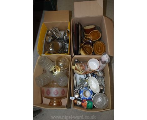 4 x boxes of bakeware, stainless steel teapot, cocktail shaker, cream jugs, box of glass/china and lampshades