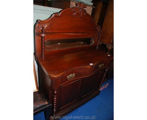 Serpentine fronted mirror backed Buffet with bobbin turned supports, 40'' w x 57'' h x 17'' d.