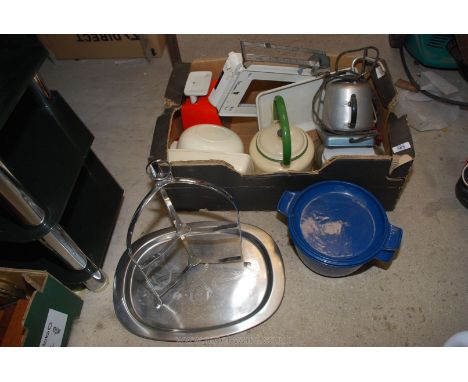 Box of kitchenware including enamel kettle, cake stand, scales etc.
