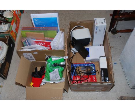 Box of stationery, telephone, garden hose, gloves, heater etc.