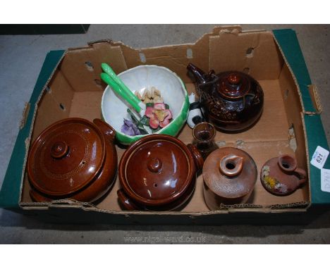 A quantity of lidded casserole dishes, teapot, salad bowl, etc.