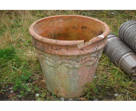 Large terracotta garden planter with chip, 18" x 20" diameter