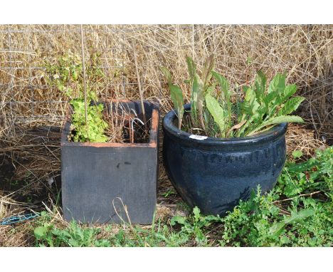 Glazed garden planter and painted terracotta planter
