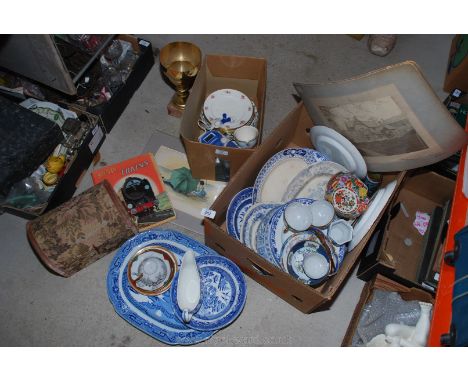 Quantity of blue and white china a/f., trophy, prints, jewellery box etc.