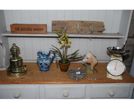 Pair of kitchen scales, coat hook, horse doorstop, down light, jug etc