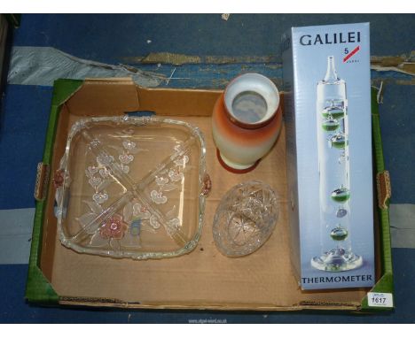 A quantity of glass to include: Galileo boxed thermometer, a painted glass vase, a flower basket and serving dish.