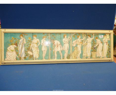 A set of four Tiles featuring Grecian ladies on turquoise background, each tile 9" x 8 3/4", overall frame is 39" wide x 11 1