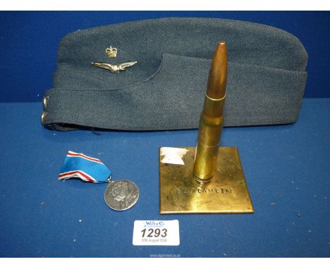 *** A WW II Trench Art lighter from 9 mm bullet signed El Alamein and a George VI and Elizabeth silver medallion presented to
