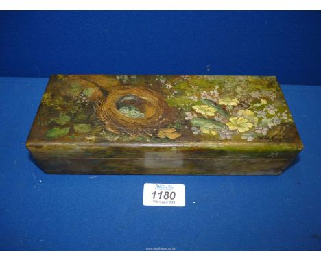 A pine box made by G.T. Rackstraw of Worcester and painted by the Royal Worcester artist W.H. Austin with a birds nest and pr