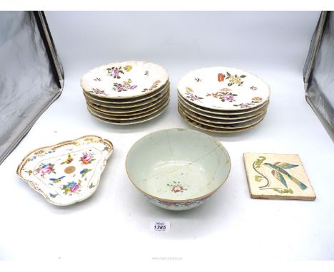 Thirteen 'Ginori' hand painted floral plates, 9 3/4" diameter, a Meissen triangular shaped dish painted with flowers and butt