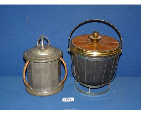 A 1950's ice bucket and a civic pewter Arts and Crafts style tea caddy with lid.