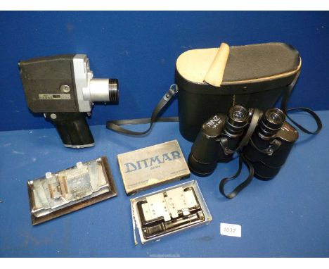 A cased pair of "Prinz" 10 x 50 binoculars, "Prinz" Sabre super 8 cine Camera and two vintage splicers.