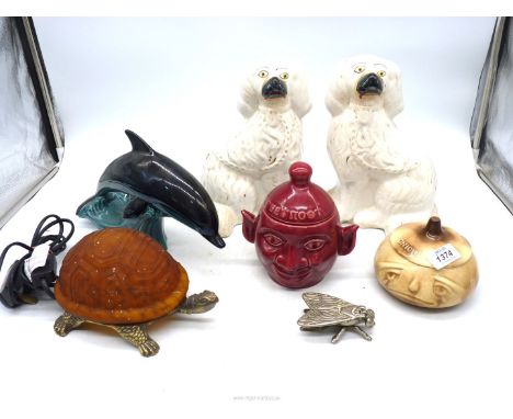 A box of collectables to include: a large Poole pottery Dolphin, a pair of Staffordshire dogs, onion pots, etc.