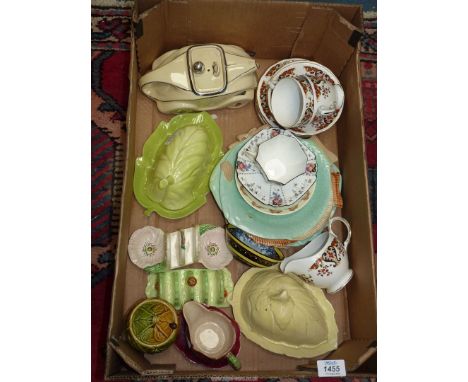 A quantity of butter dishes and plates to include six Shorter & Sons fish plates, Carltonware green leaf butter dish, Sylvac 