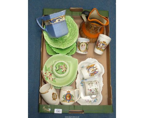 A quantity of china to include; Beswick, Carltonware preserve pot, dishes, etc. commemorative beakers and mugs, Myotts jug, e
