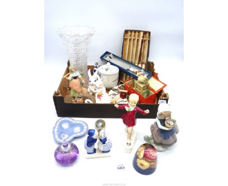 A quantity of china plus two paperweights to include an elephant ring holder, large glass vase, Lladro figure and Royal Worce