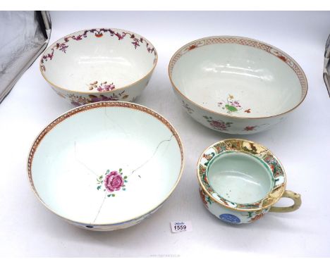 A rare Chinese chamber pot, Kangxi period of small or child's size decorated in famille verte and three 18th century famille 