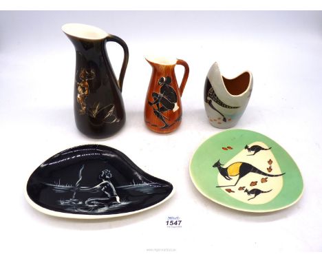 Five pieces of Australian Mid-Century pottery with Aboriginal designs, including a vase by Martin Boyd.