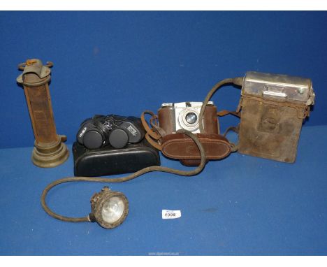 A small quantity of miscellanea to include; a 1950's Paxina camera in case, a Gauze Welsh Miners safety lamp, Minolta binocul