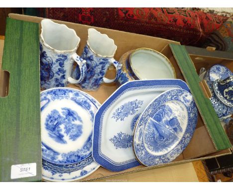 A quantity of miscellaneous Blue & White china including; Spode Fitzhugh platter, blue, white and gilt floral jardiniere, gra