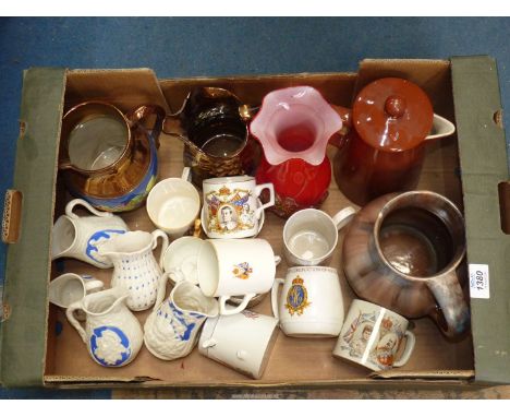 A quantity of miscellaneous china including pottery jugs, Lovatts Langley, (broad arrow mark), hot water pot, commemorative m
